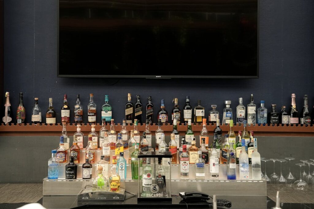 Elegant Bar Display with Assorted Liquor Bottles