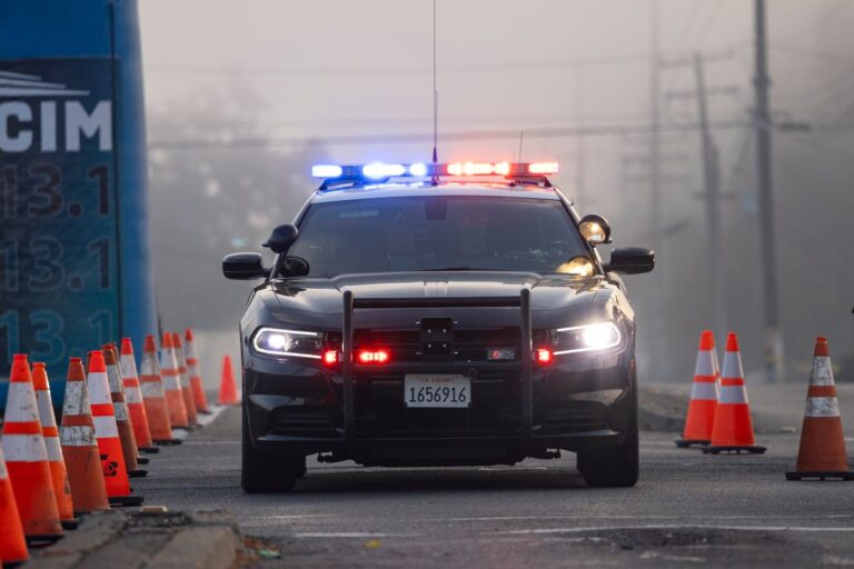 Police Car at Traffic Checkpoint with Cones