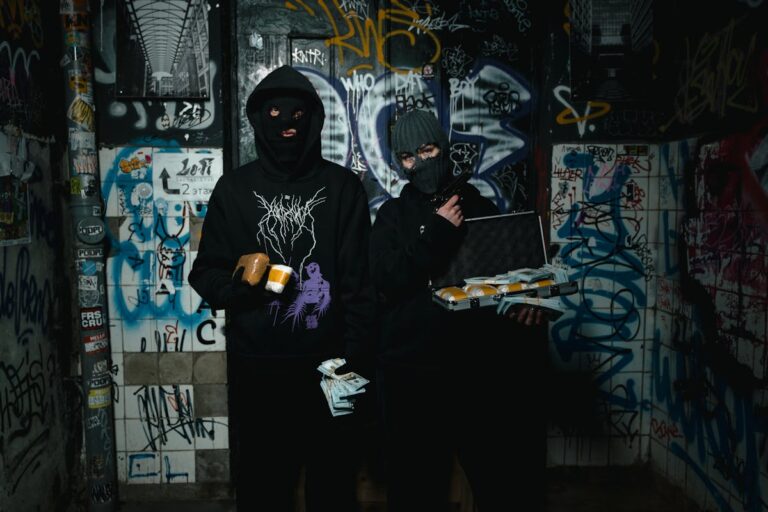 Two People in Black Hoodie Standing Beside a Wall with Graffiti Holding Cash Money